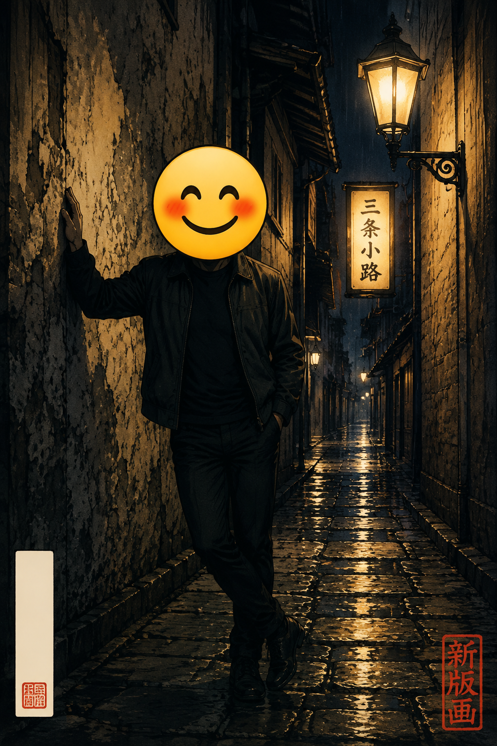 雨夜巷弄中的表情包人物 - 墨图 AI 生成