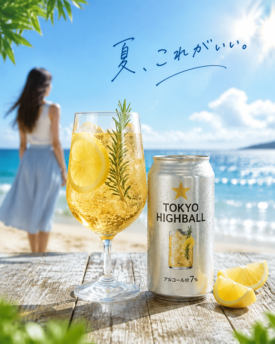 夏季海滩饮品商业摄影 - 墨图 AI 生成