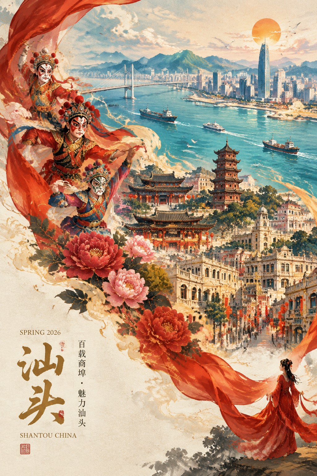Epic Chinese Cityscape Ribbon Poster - 墨图 AI 生成