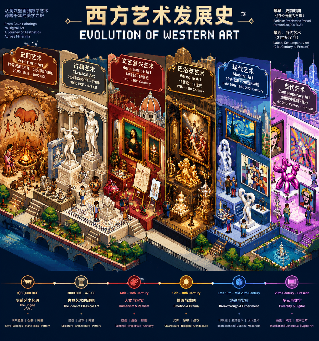 Isometric Pixel Art Evolution Museum - 墨图 AI 生成