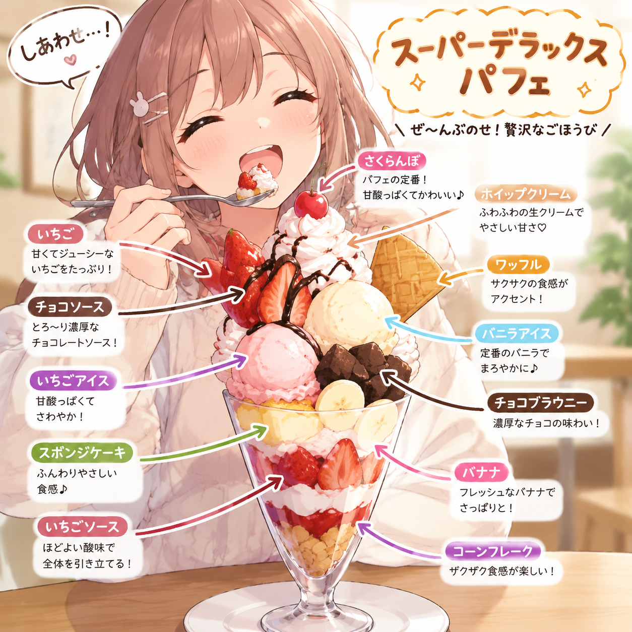 Character Eating Parfait with Annotations - 墨图 AI 生成