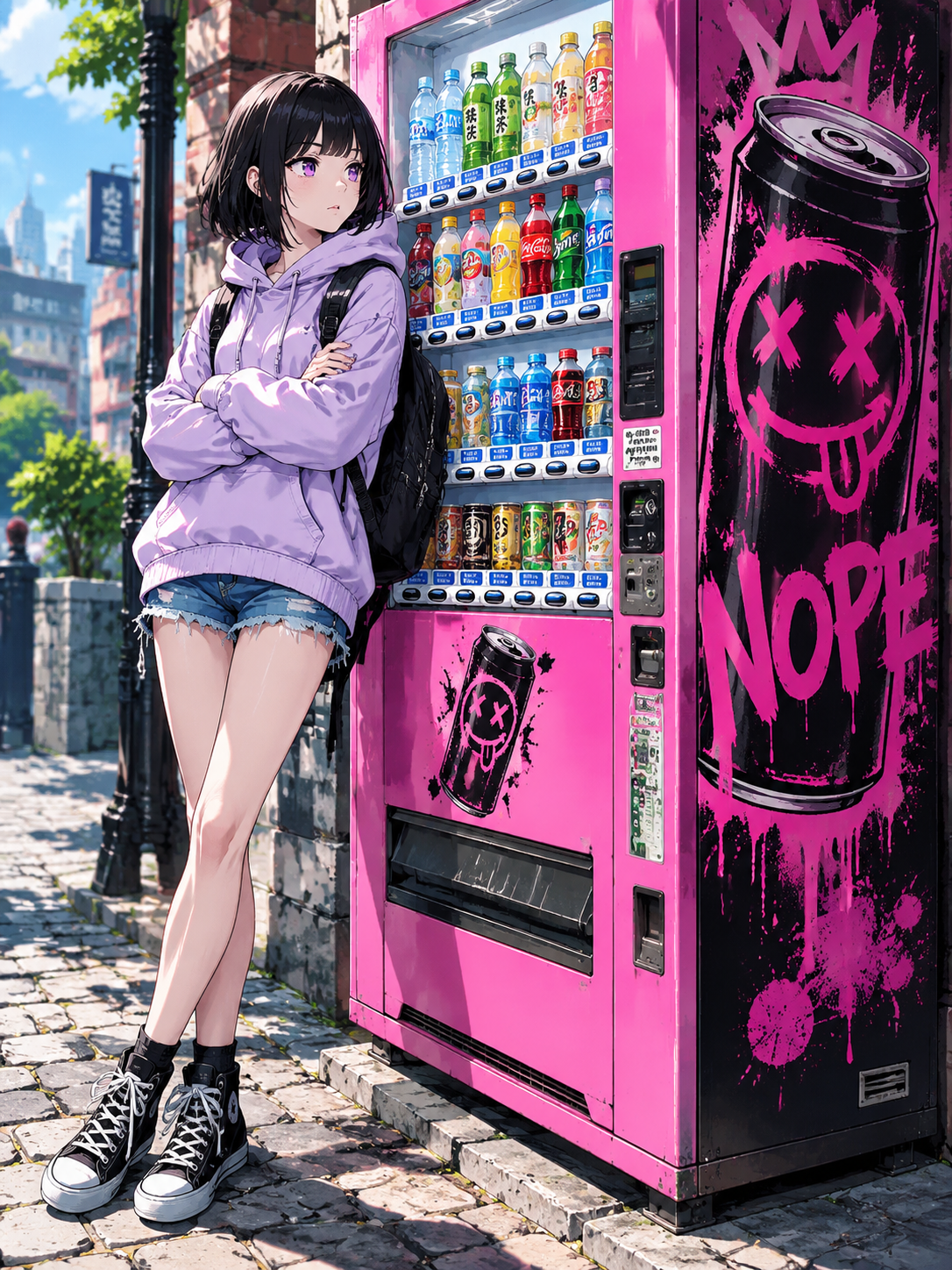 靠在自动贩卖机旁的动漫少女 - 墨图 AI 生成