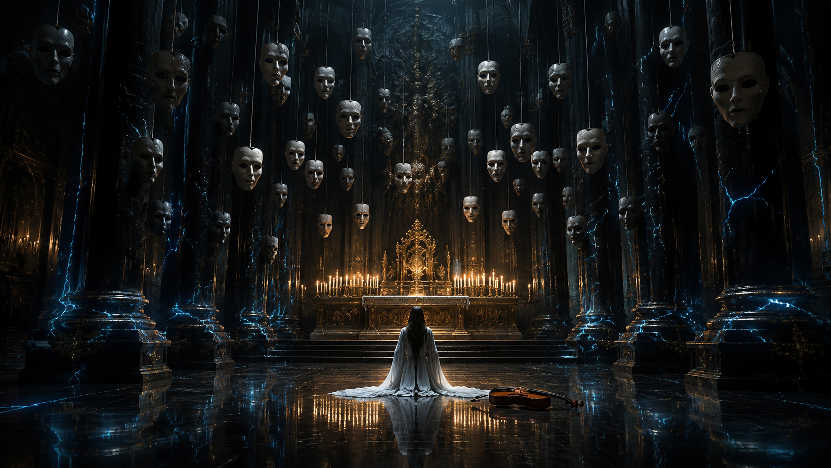 Surreal Gothic Hall with Floating Masks - 墨图 AI 生成