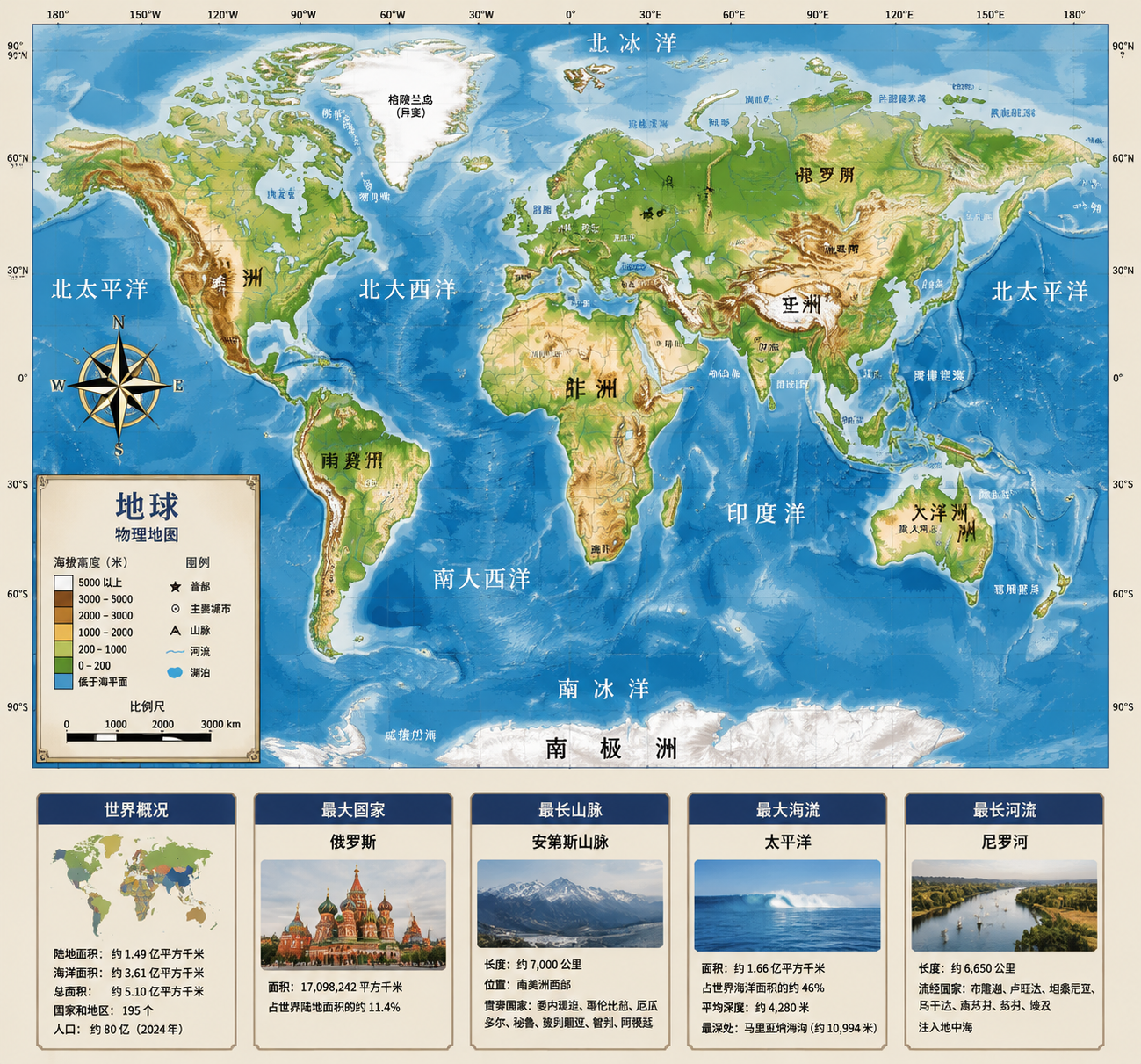 带有信息面板的详细物理世界地图 - 墨图 AI 生成