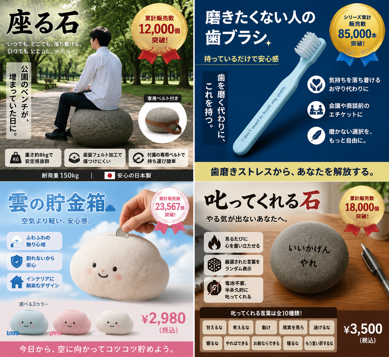 Satirical 4-Panel Product Ads - 墨图 AI 生成