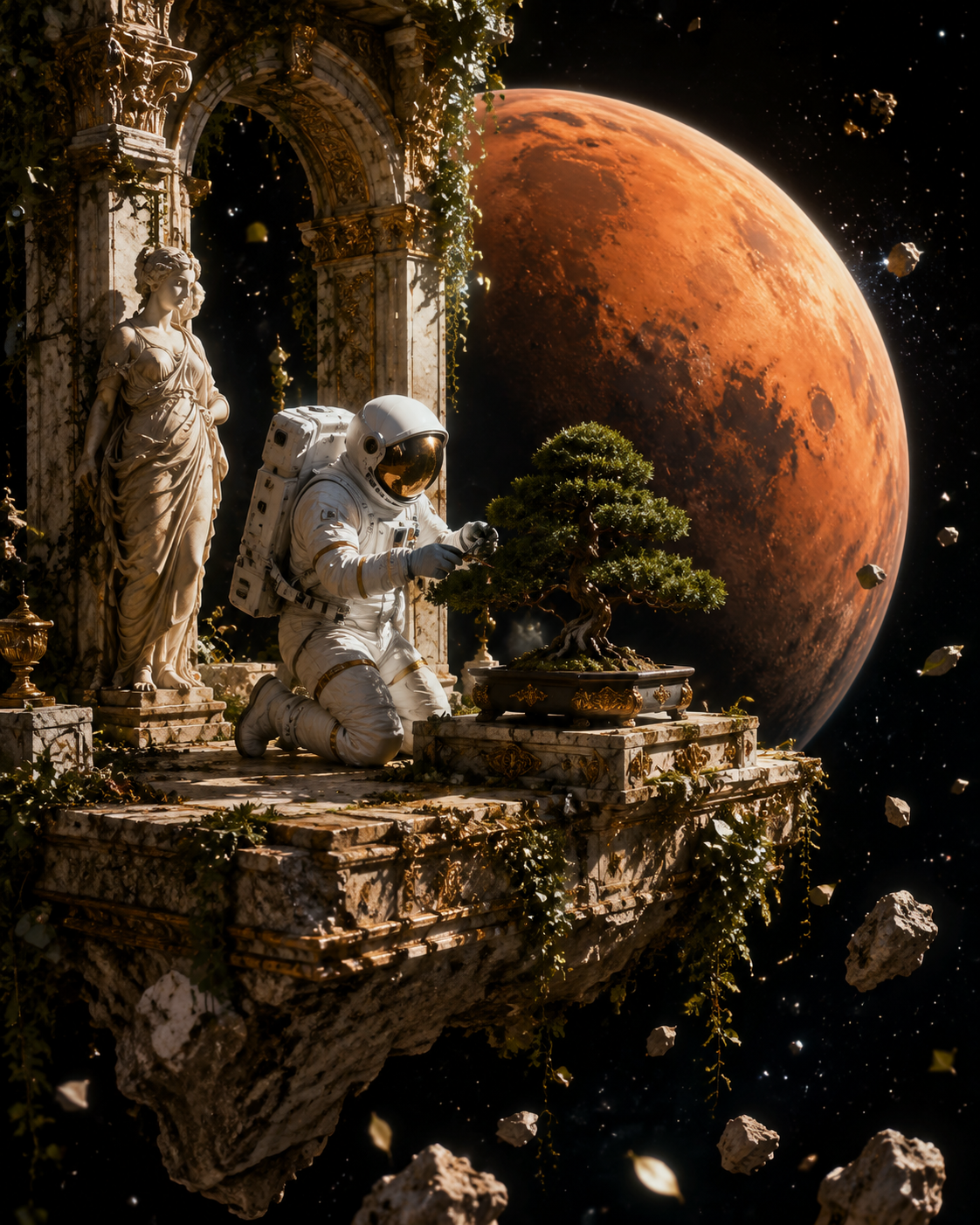 Astronaut Tending Bonsai in Space Ruins - 墨图 AI 生成