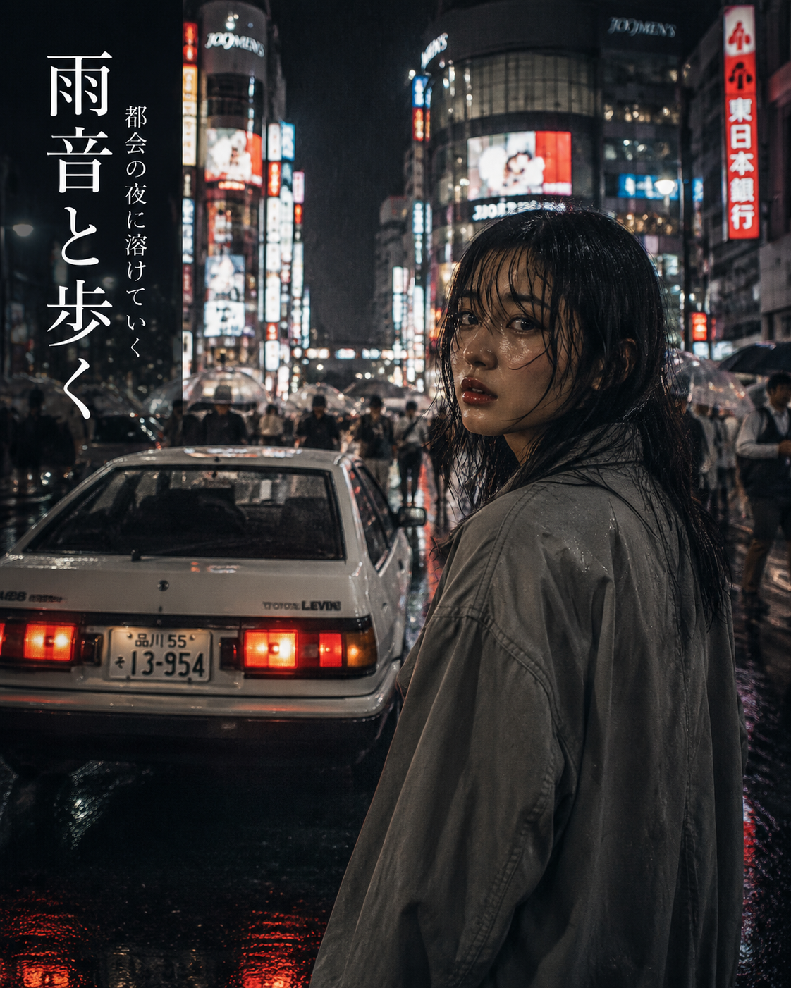 Cinematic Rainy City Portrait with Typography - 墨图 AI 生成