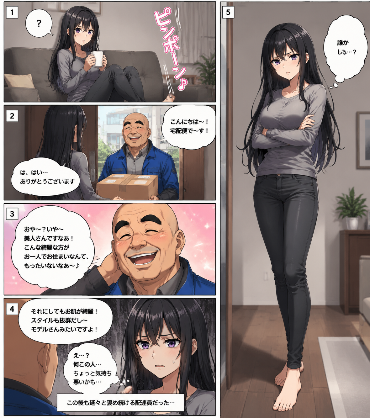 5-Panel Manga Page: Creepy Delivery Man - 墨图 AI 生成