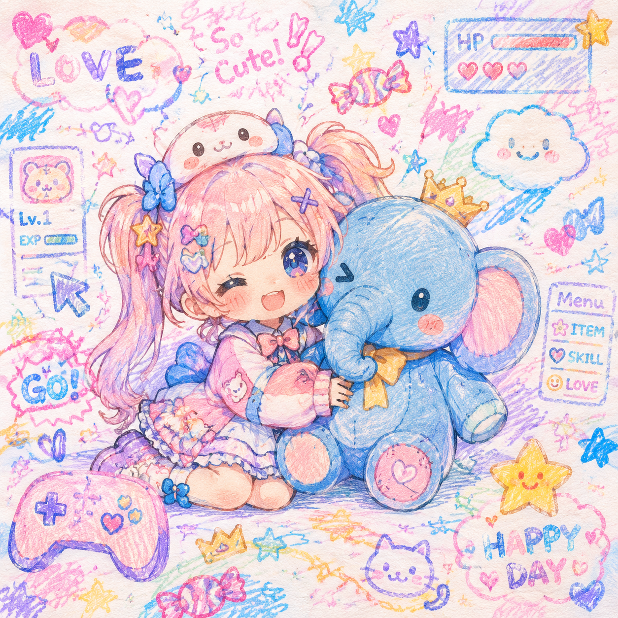 蜡笔涂鸦风 - 可爱混乱的儿童蜡笔涂鸦，Kawaii手账风