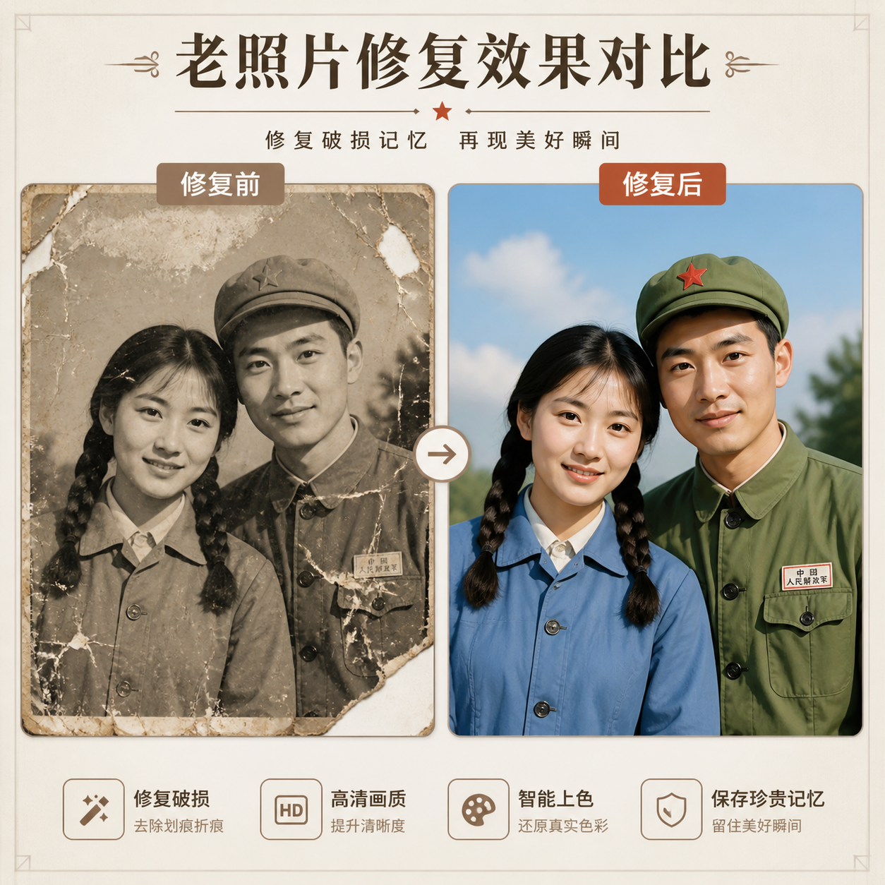 老照片修复 - 修复褪色破损老照片，黑白上色还原清晰
