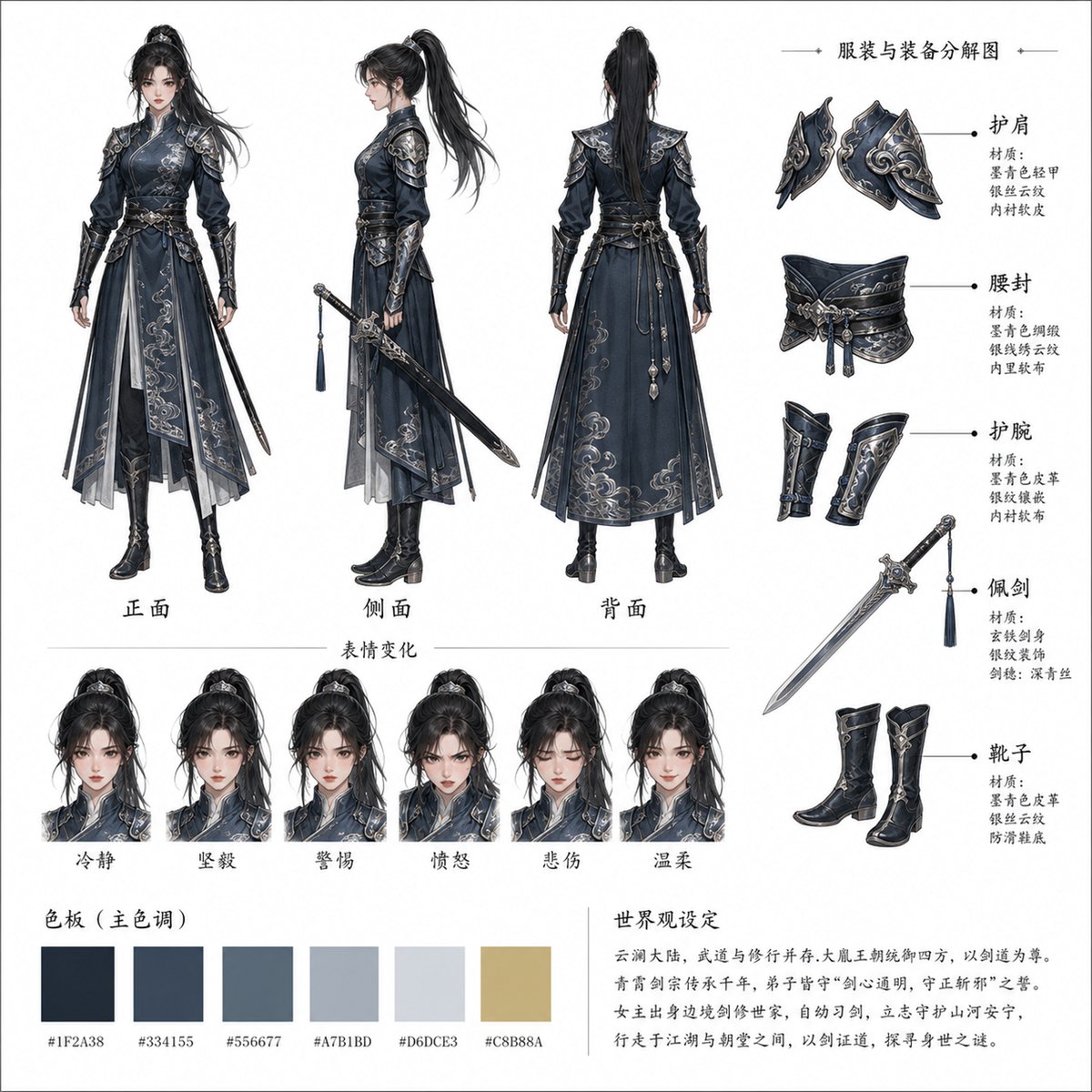 官方级角色设定稿(三视图+装备分解+色板)
