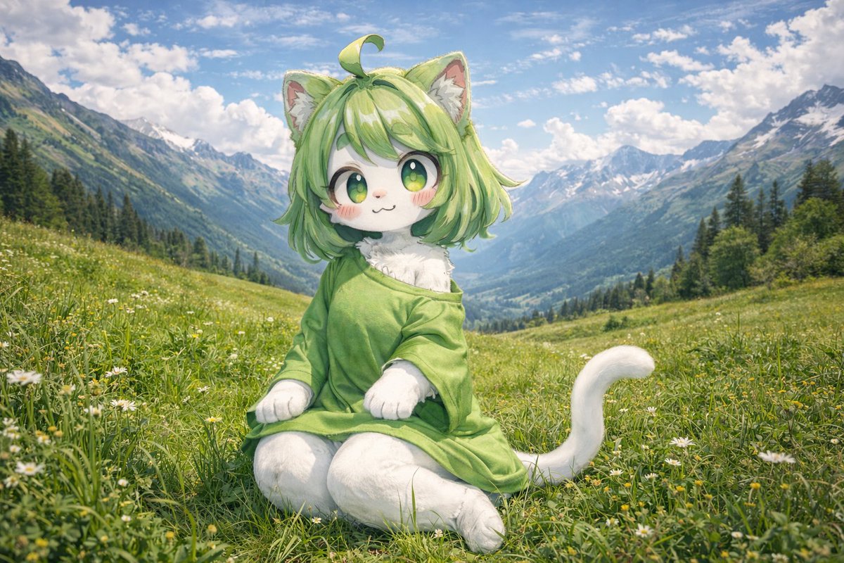 阿尔卑斯草甸中的写实风动漫猫娘 - AI 生成效果图