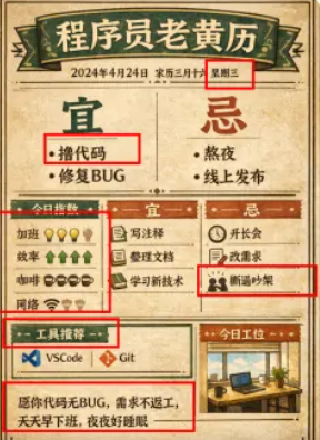 程序员复古黄历海报 - AI 生成效果图