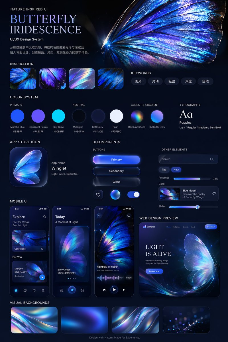 Iridescent Butterfly UI/UX 设计系统 - AI 生成效果图