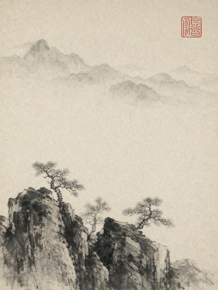 水墨山水立轴(留白当云雾) - AI 生成效果图