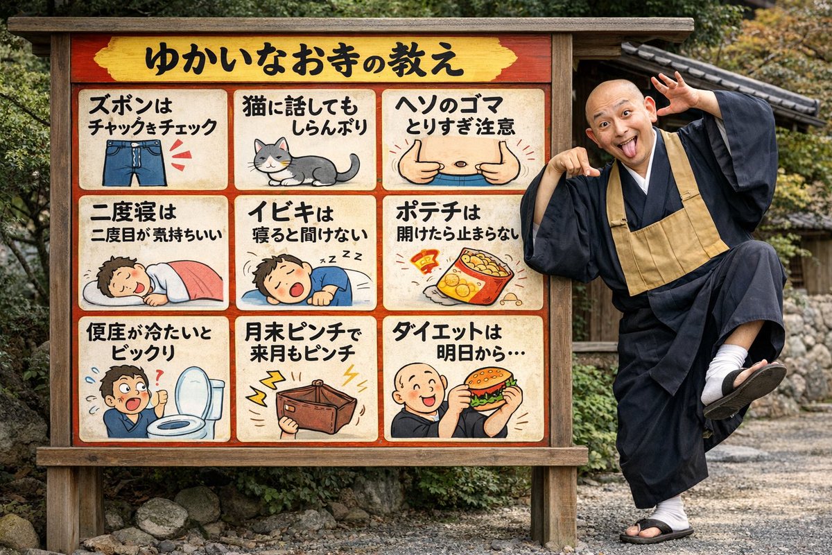 带有搞怪僧侣的趣味寺庙告示牌 - AI 生成效果图