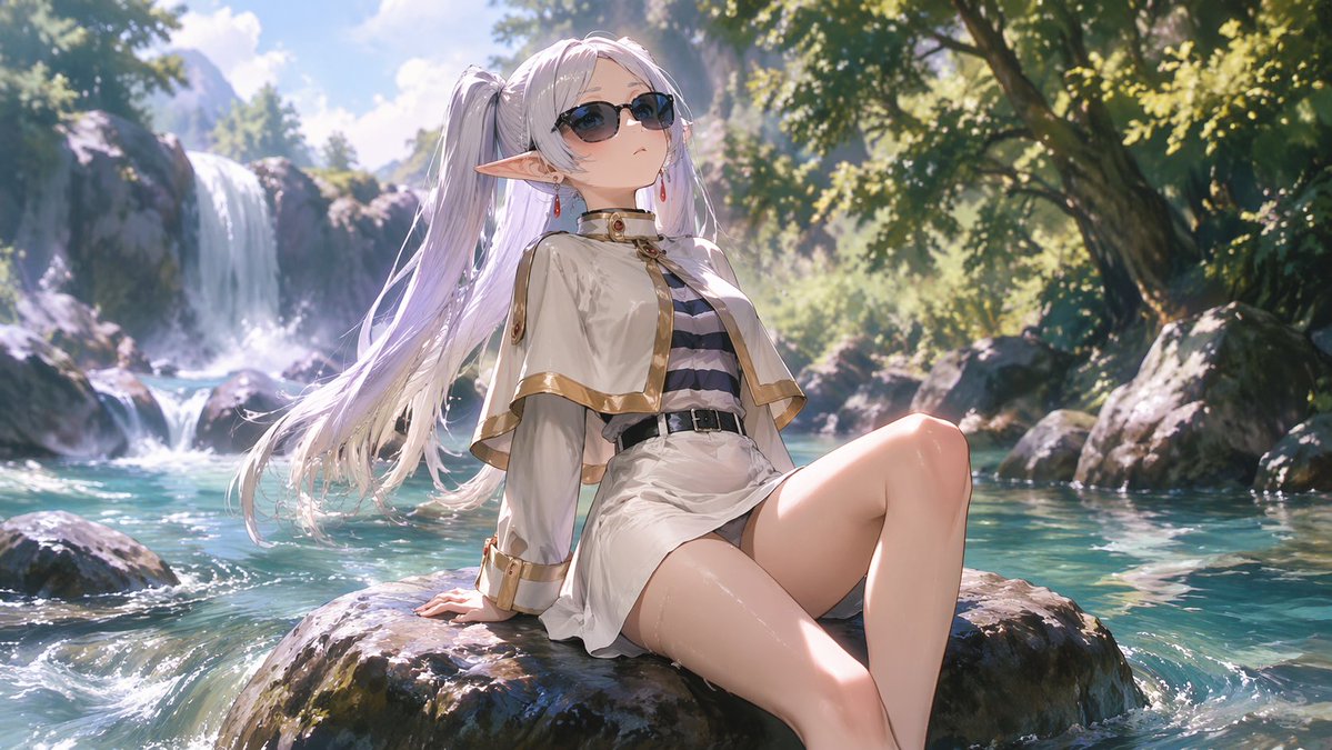 在森林溪流中放松的动漫精灵少女 - AI 生成效果图