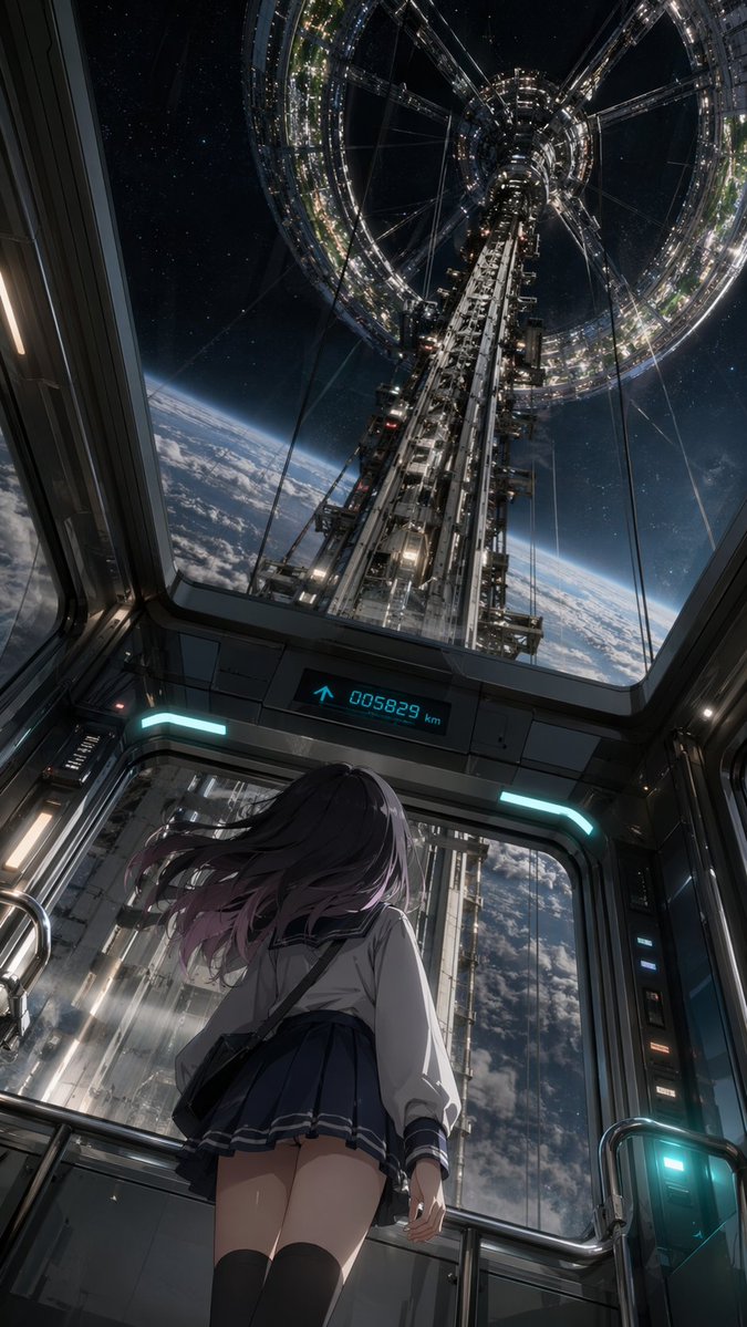 太空电梯里的动漫少女 - AI 生成效果图
