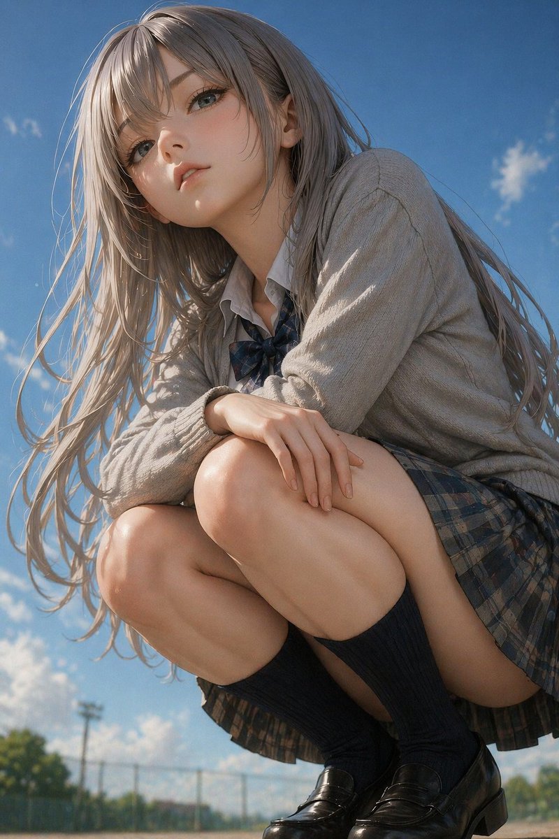 Photorealistic Anime Schoolgirl Crouching Portrait - AI 生成效果图