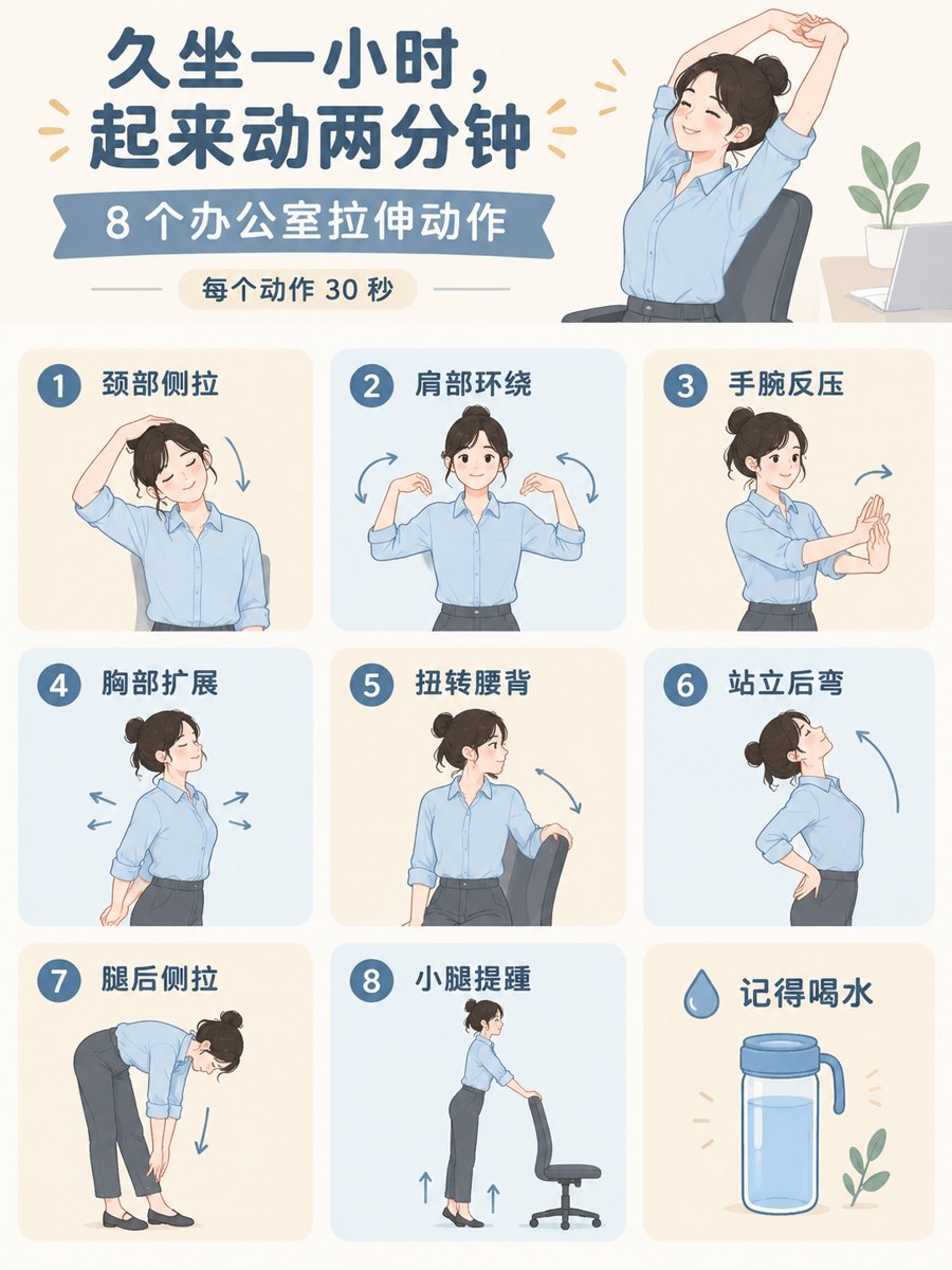 信息图 · 9 格动作清单(健康提示 / 员工关怀) - AI 生成效果图