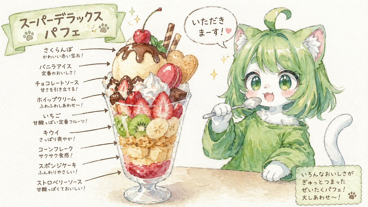 Character Eating Parfait with Annotations - AI 生成效果图