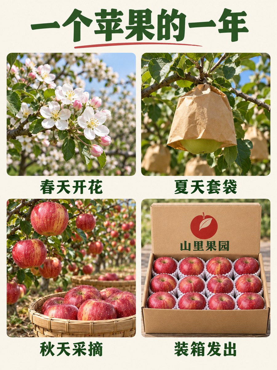 产地直播 · 产地四格 · 一个苹果的一年 - AI 生成效果图