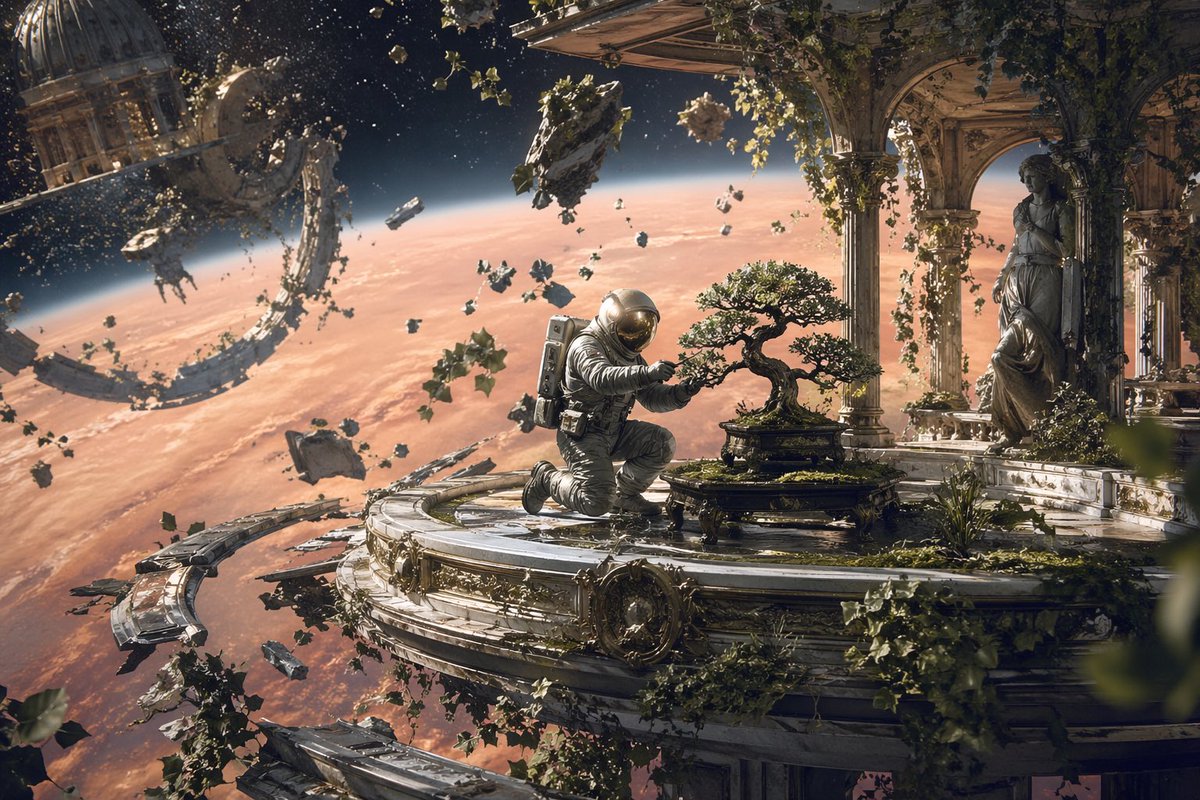 Astronaut Tending Bonsai in Space Ruins - AI 生成效果图