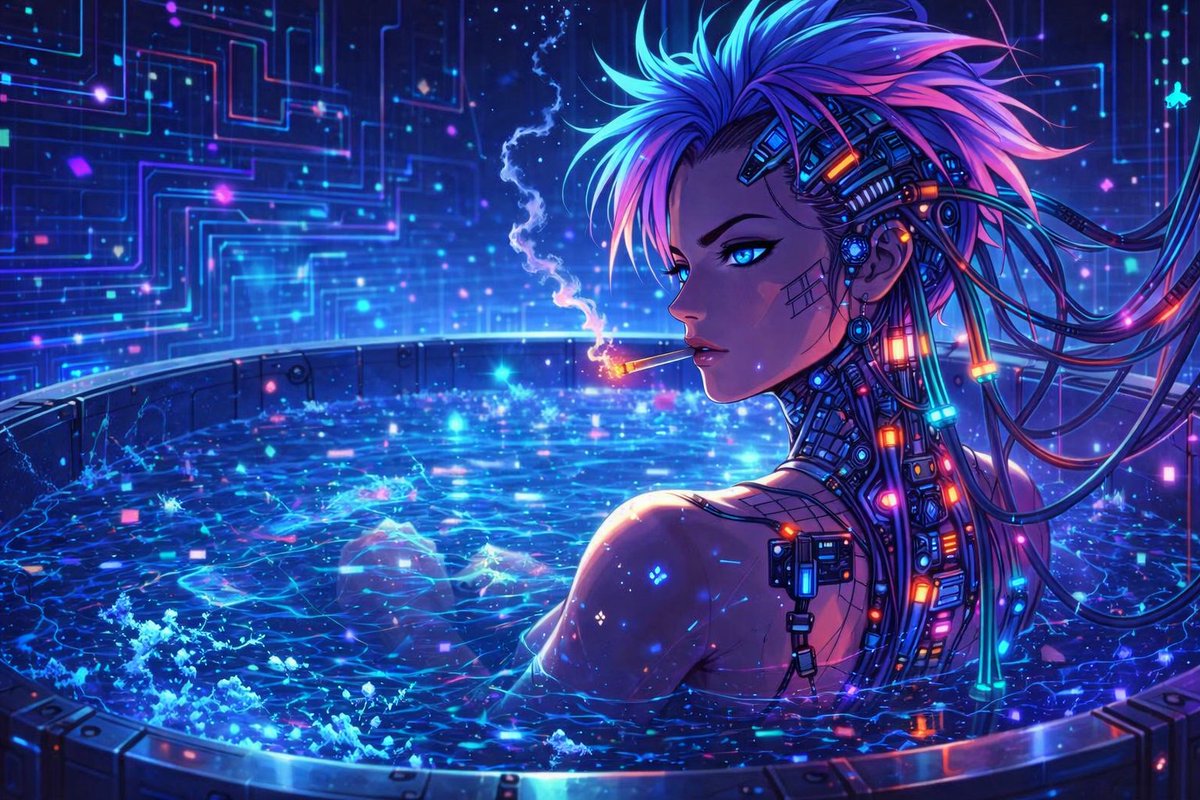 赛博朋克动漫风格角色:霓虹浴缸 - AI 生成效果图