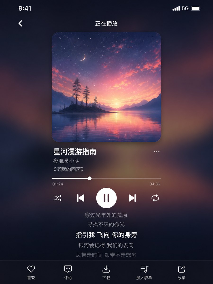 音乐播放器界面(深色模式) - AI 生成效果图