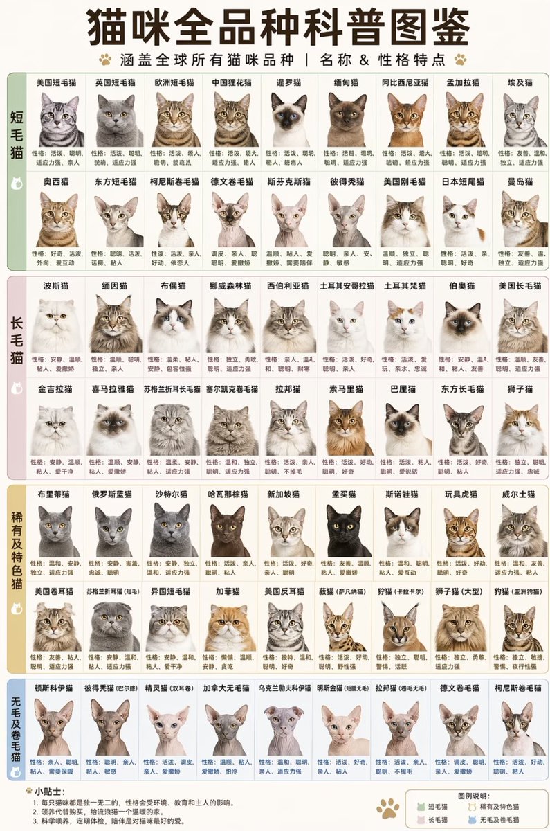 猫咪全品种科普图鉴 - AI 生成效果图
