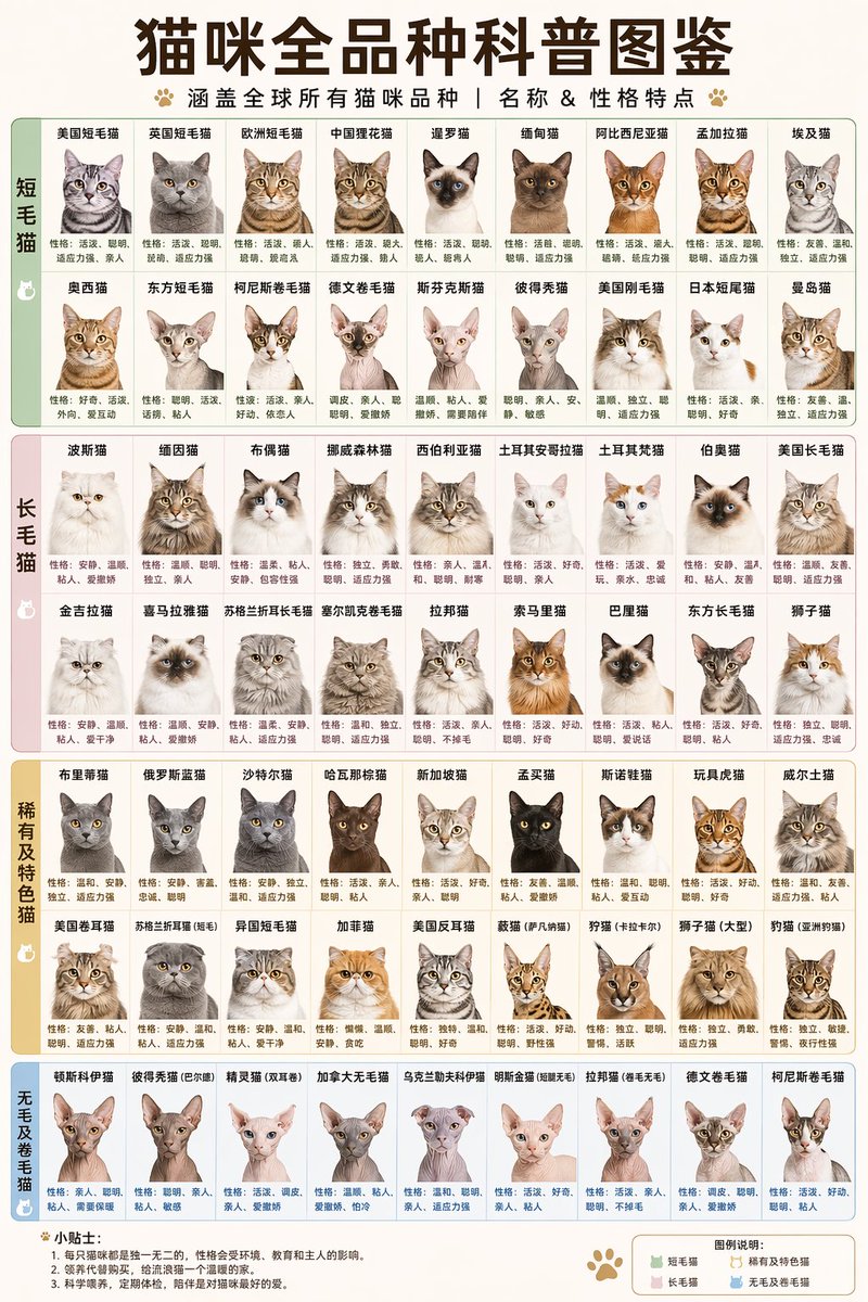 猫咪全品种科普图鉴 - AI 生成效果图