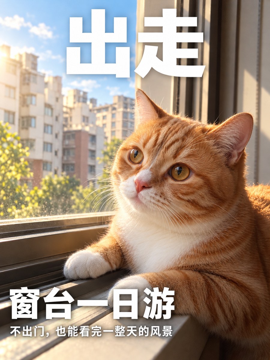 宠物封面 · 旅行杂志 · 窗台一日游 - AI 生成效果图