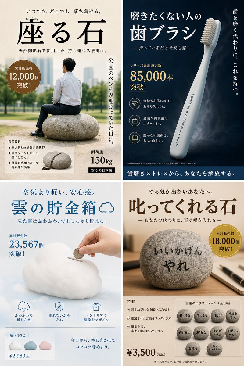 Satirical 4-Panel Product Ads - AI 生成效果图
