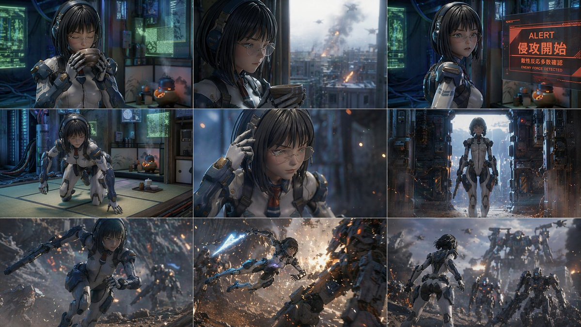 科幻动作 3x3 分镜项目 - AI 生成效果图