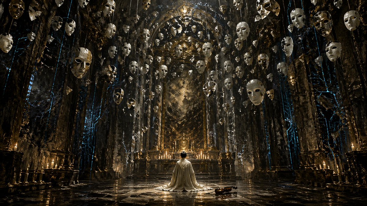 Surreal Gothic Hall with Floating Masks - AI 生成效果图