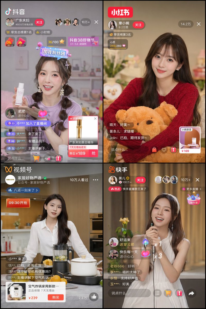 中国直播 App UI 网格图 - AI 生成效果图