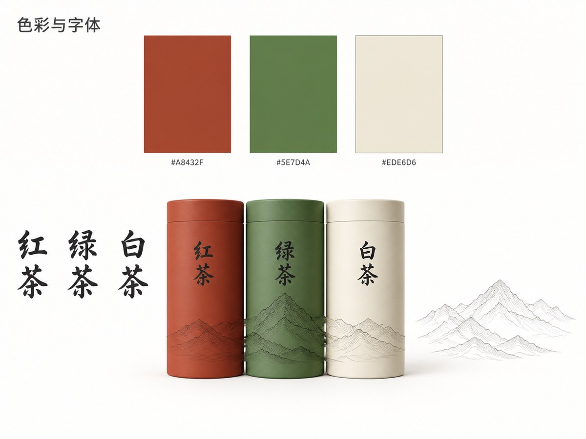 茶叶包装 · 色彩与字体规范 - AI 生成效果图